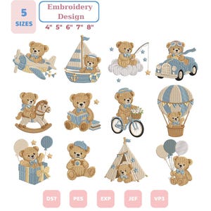 Puede incluir: Una colección de doce diseños de bordado con ositos de peluche de color marrón claro en diversas actividades, como volar un avión, navegar en un barco, montar en bicicleta y viajar en globo aerostático. El texto incluye 5 SIZES 4" 5" 6" 7" 8" y formatos.