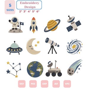 以下が含まれることがあります： 宇宙をテーマにした刺繍デザインのコレクション。宇宙飛行士、ロケット、環のある惑星、衛星、UFO、三日月、望遠鏡、銀河、星座、地球、探査車、彗星が描かれています。テキストには5つのサイズ 2インチ 3インチ 4インチ 5インチ 6インチとファイル形式が含まれています。
