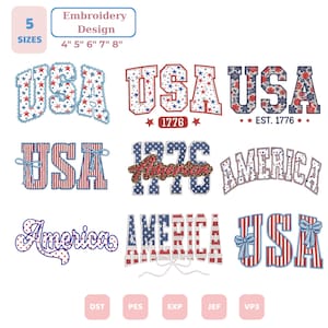 Könnte beinhalten: Eine Sammlung von neun Stickmustern mit den Schriftzügen USA, 1776 und America in rot-weiß-blauen Mustern, Sternen, Streifen und Schleifen. Das Bild enthält Angaben zu 5 Größen von 10 bis 20 cm sowie Dateiformate DST, PES, EXP, JEF, VP3.