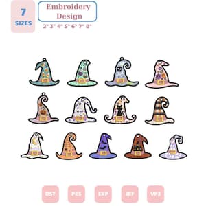 Könnte beinhalten: Ein digitales Stickmuster-Set mit elf verschiedenen Hexenhut-Motiven, darunter Kürbisse, Geister, Katzen und Blumenmuster. Der Text lautet 7 SIZES 2" 3" 4" 5" 6" 7" 8" und listet die Dateiformate DST, PES, EXP, JEF und VP3 auf.