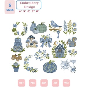 May include: An embroidery design collection featuring blue and green motifs including pumpkins, a bird on a key, mushrooms, a bow, a house, a squirrel, acorns, flowers, and a spider web. Text indicates 5 sizes from 4 to 8 inches and file formats.
