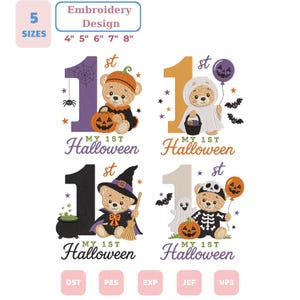 Peut inclure: Quatre motifs de broderie représentant des oursons en costumes d'Halloween avec le texte My 1st Halloween. Les motifs incluent un ours en costume de citrouille, de fantôme, de sorcière et de squelette, disponibles en tailles 10, 13, 15, 18 et 20 cm.