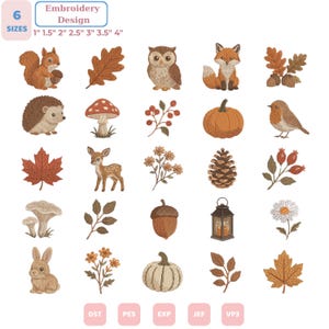 Puede incluir: Una colección de 25 diseños de bordado con temática otoñal que incluye una ardilla, búho, zorro, erizo, ciervo, conejo, varias hojas, setas, bellotas, una calabaza, una piña, un farol y flores. El texto incluye 6 SIZES 1" 1.5" 2" 2.5" 3" 3.5" 4".