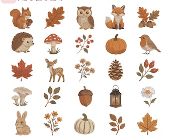 May include: A collection of twenty-five autumn-themed embroidery designs featuring a squirrel, owl, fox, hedgehog, deer, rabbit, various leaves, mushrooms, pumpkins, flowers, berries, a pinecone, and a lantern, with text indicating 6 sizes.