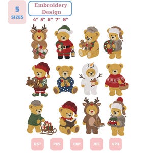 Könnte beinhalten: Eine Sammlung von zwölf Stickmustern mit hellbraunen Teddybären in verschiedenen festlichen Outfits, darunter Rentier-, Weihnachtsmann-, Elfen- und Schneemannkostüme. Der Text lautet 5 SIZES 4" 5" 6" 7" 8" sowie die Dateiformate DST, PES, EXP, JEF, VP3.