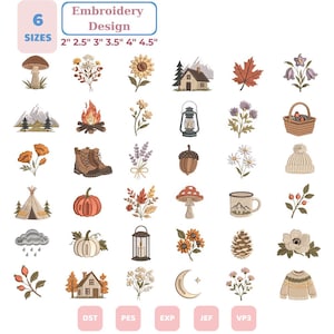 Könnte beinhalten: Eine digitale Sammlung von 35 Stickmustern zum Thema Natur mit Pilzen, Blumen, Bergen, Hütten, Kürbissen, Laternen und Kleidungsstücken. Der Text lautet Embroidery Design 6 SIZES 2" 2.5" 3" 3.5" 4" 4.5" mit den Dateiformaten DST, PES, EXP, JEF und VP3.