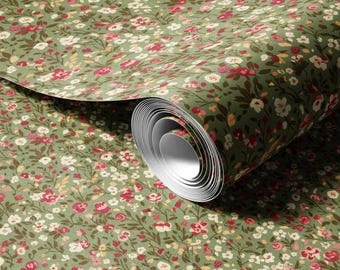 Papel de Parede Floral Estilo Cottagecore - Mural Removível Vintage com Pequenas Flores em Verde Sálvia