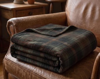Moody Hunter Forest and Rust Velveteen Blanket | Brown Black Green Plaid Throw