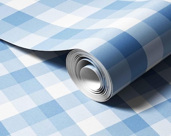 Papel de Parede Xadrez Azul Cottagecore - Mural de Parede Removível com Estampa Xadrez Azul Claro e Branco
