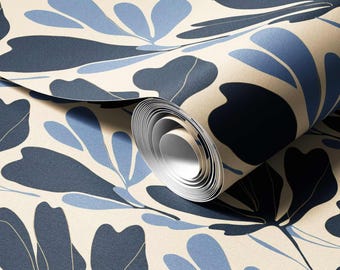 Moderne Gold Linie Blumen Tapete | Creme-Marine-botanisches Muster