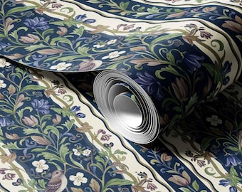 Papel de parede clássico William Morris - Estampa floral azul-marinho com pássaros, tradicional ou removível.