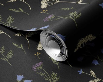 Papel de Parede Botânico com Flores Silvestres Escuras | Decoração de Parede Autoadesiva