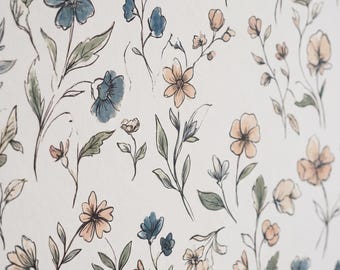 Vintage Meadow Floral Wallpaper, Hand Drawn Wildflowers, Sage Blue Botanical Cottagecore Bedroom Wall Decor