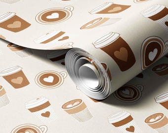 Papel de parede com estampa de xícara de café - Corações em tom marrom (adesivo ou tradicional).