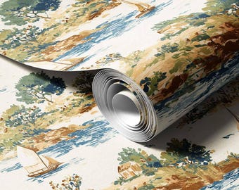 Papel de parede francês com paisagem toile | Estampa náutica para casa de praia