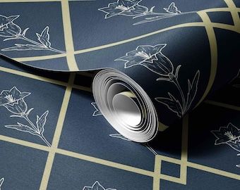 Carta da parati geometrica Art Déco - Motivo floreale a reticolo di diamanti blu e oro, murale rimovibile
