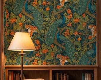 Luxury Peacock and Tiger Wallpaper Peel and Stick - Blue Orange Jungle Decor)