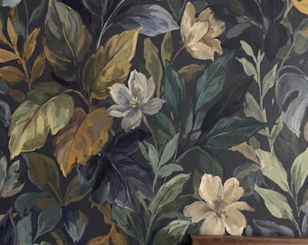 Watercolor Moonshine Dark Floral Leaf Traditional Wallpaper