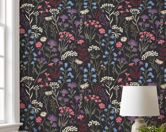 Dark Wildflower Meadow Wallpaper | Peel and Stick Wall Decor