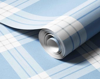 Papel de parede xadrez azul - padrão xadrez tartan azul claro e branco, autoadesivo ou tradicional.