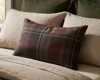 Dark Green Burgundy Plaid Lumbar Pillow | Tartan Accent Cushion
