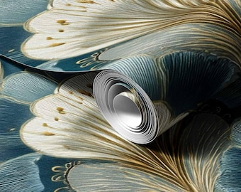 Papel de parede Art Déco de luxo - Estampa de penas de pavão em azul e dourado, autoadesivo ou tradicional.