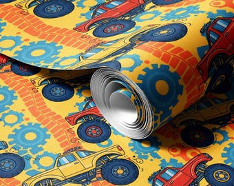 Papel de Parede Amarelo com Engrenagens de Caminhões Monstro | Decoração Infantil Autoadesiva