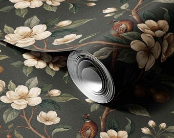 Orchard Reverie Wallpaper, Ivory Blossoms, Pears and Pheasants Across a Moody Charcoal Garden Canopy