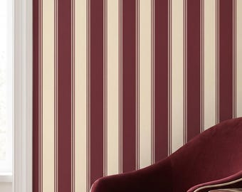 Heritage Burgundy Stripe Wallpaper, English Country Ticking, Oxblood Cream Vintage Cottage Manor Wall Decor
