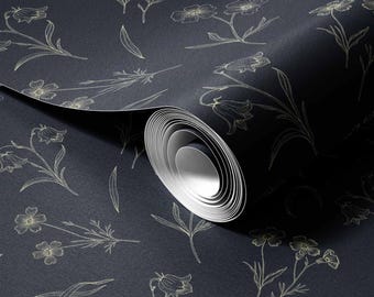 Papel de parede minimalista com arte linear de campanulas | Estampa botânica em tons de azul marinho e dourado