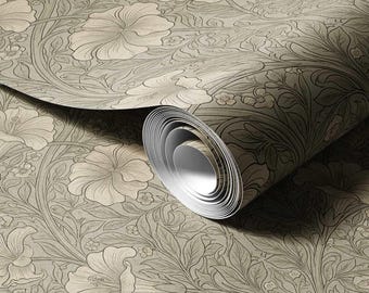 Ivory Heirloom Floral Wallpaper, Warm Beige Arts and Crafts Botanical Pattern with Delicate Linework