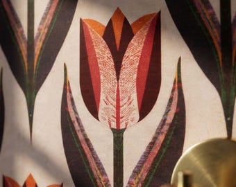 Bold Art Nouveau Tulip Wallpaper - Red Orange Vintage Floral Botanical Removable Peel & Stick