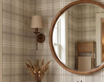 Silver Meadow Plaid Wallpaper, Soft Greige Tartan, Timeless English Country Checkered Neutral Wall Decor