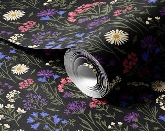 Papel de Parede Floral Escuro com Pássaros e Flores Silvestres | Decoração de Parede Autoadesiva