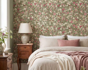 Sage Green Floral Wallpaper | Vintage Ditsy Pink Wildflower Peel & Stick Roll