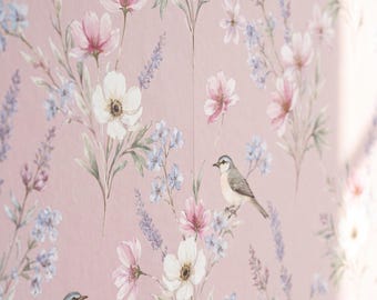 Pink Wildflower Birds Wallpaper | Peel and Stick Wall Decor