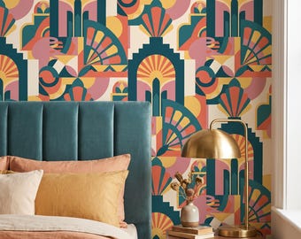 Deco Carnival Wallpaper, Colorful Geometric Mosaic, Teal Coral Gold Retro Maximalist Statement Wall Decor