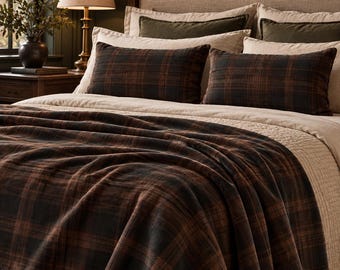 Dark Chocolate Velveteen Plush Blanket | Brown Heritage Moody Tartan Throw