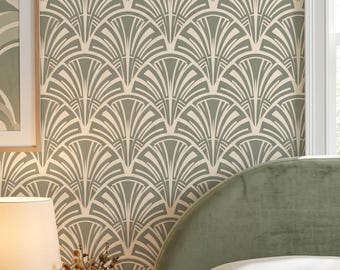 Sage Gatsby Fan Wallpaper, Green Art Deco Geometric Scallop, Vintage Glamour Statement Wall Decor