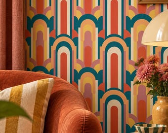 Retro Geometric Wallpaper, Colorful Arch Pattern, Mid Century Modern Teal Orange Statement Wall Decor