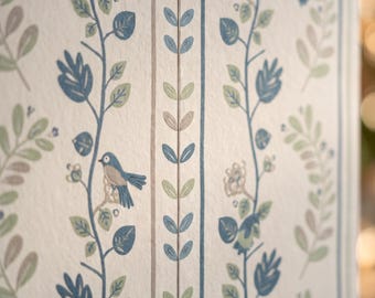 Vertical Stripe Bird Vine Wallpaper | Peel and Stick Wall Decor