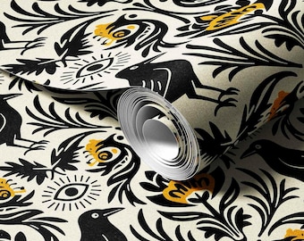 Papel de Parede Ornamentado Olho de Corvo Místico | Estampa Maximalista em Ouro e Preto