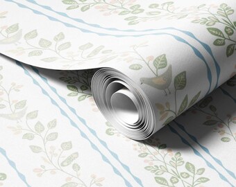 Cottagecore Vogelranke Tapete | Blau Rosa Kinderzimmer Muster