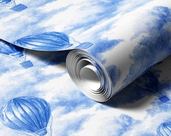 Papel de parede aquarela com balões de ar quente azuis | Decoração de céu autoadesiva