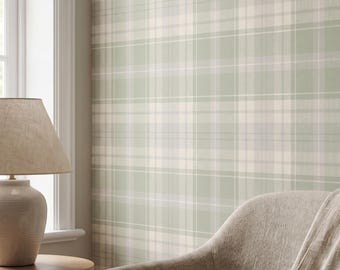 Light Sage Green Plaid Wallpaper | Neutral Beige Checkered Peel & Stick