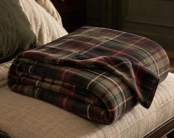 Burgundy Olive Green Plaid Velveteen Blanket | Dark Moody Tartan Throw