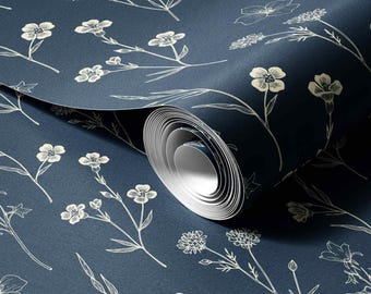 Navy Blue Wildflower Line Art Wallpaper | Peel and Stick Decor
