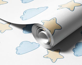 Papel de parede fofo para bebê com nuvens e estrelas | Estampa delicada para quarto de bebê