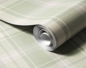 Light Sage Green Plaid Wallpaper | Neutral Beige Checkered Peel & Stick
