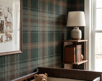 Moody Hunter Forest and Rust Tartan Wallpaper | Classic Plaid Pattern